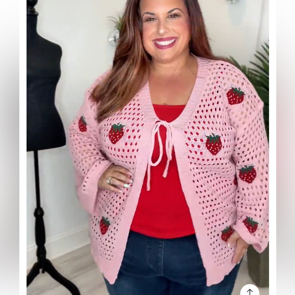 BloomChic Pink Strawberry Crochet Cardigan with Red Accents